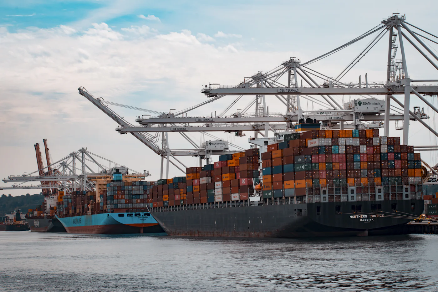 Container vessels berthed alongside ship-to-shore gantry cranes at a deep-water port